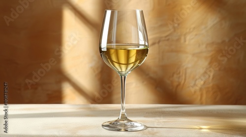  A glass of wine perched on a table, framed by a wall and bathed in the soft light filtering through a nearby window's shadow