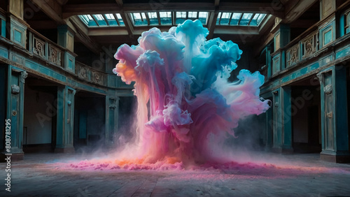 Colorful paint drops from above mixing in water. Ink swirling underwater 