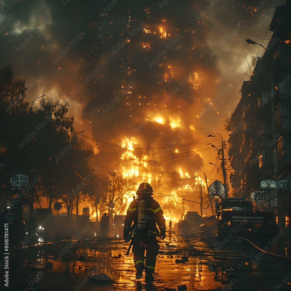 Brave firefighter facing a massive urban blaze at night. surreal city inferno scene. emergency response in action. digital art style. generative AI Brave firefighter facing a massive urban blaze at night. surreal city inferno scene. emergency response in action. digital art style. generative AI
