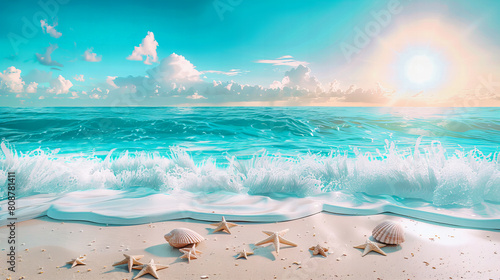 Serene Tropical Beach at Sunset, Calm Seas and Soft Sands Under a Colorful Sky, Perfect Vacation Spot