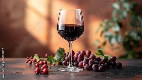   A glass of wine resting atop a table beside clusters of grapes and leaves