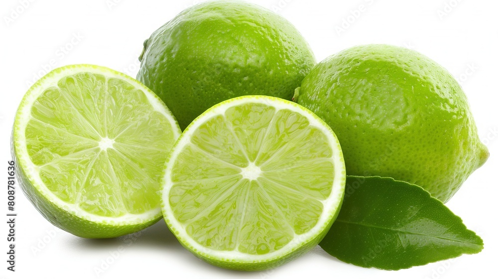   Group of limes, cut in half on white background with leaves
