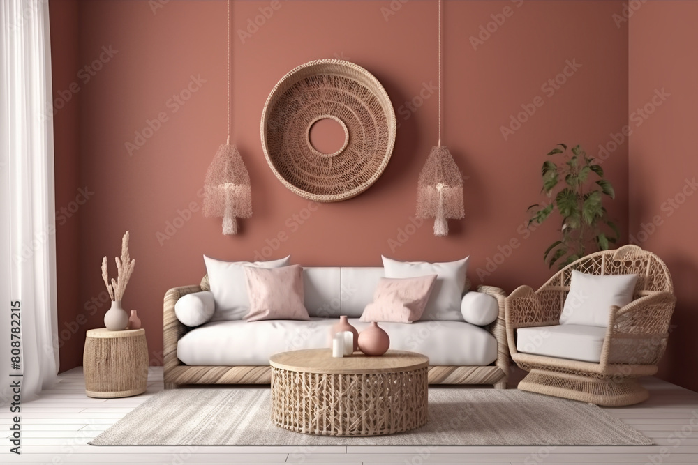 Φωτογραφία Wicker chandelier over wooden Scandinavian sofa with futon in bright living room interior