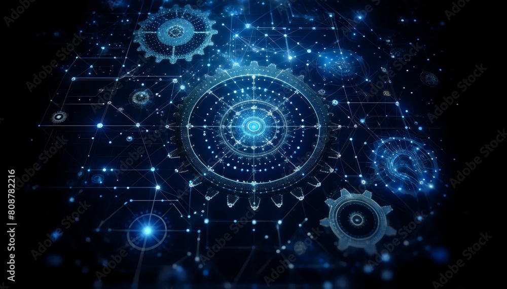 Obraz premium a complex array of glowing gears and digital circuits, all interconnected within a dark, cosmic-like background