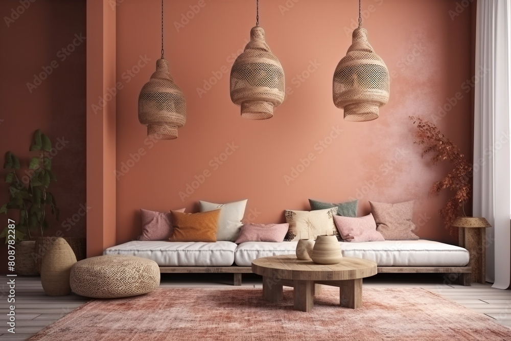 Φωτογραφία Wicker chandelier over wooden Scandinavian sofa with futon in bright living room interior