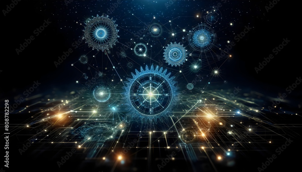 an array of intricate gears and celestial orbs interconnected with glowing lines against a dark, starry background an array of intricate gears and celestial orbs interconnected with glowing lines against a dark, starry background