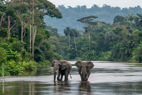 Two Elephants Walking Along a River in the Jungle