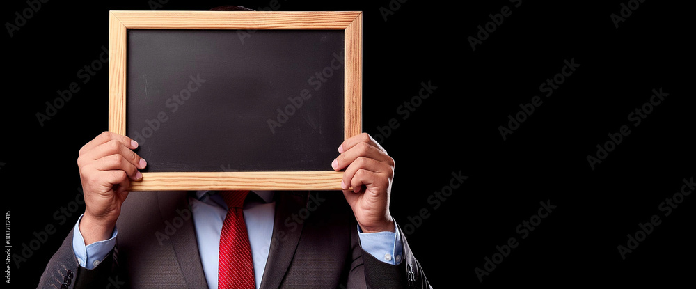 Φωτογραφία Close-up of a businessman dressed in suit and red tie holding a small empty blackboard with wooden frame and copy space in front of his face while hiding, isolated on black background