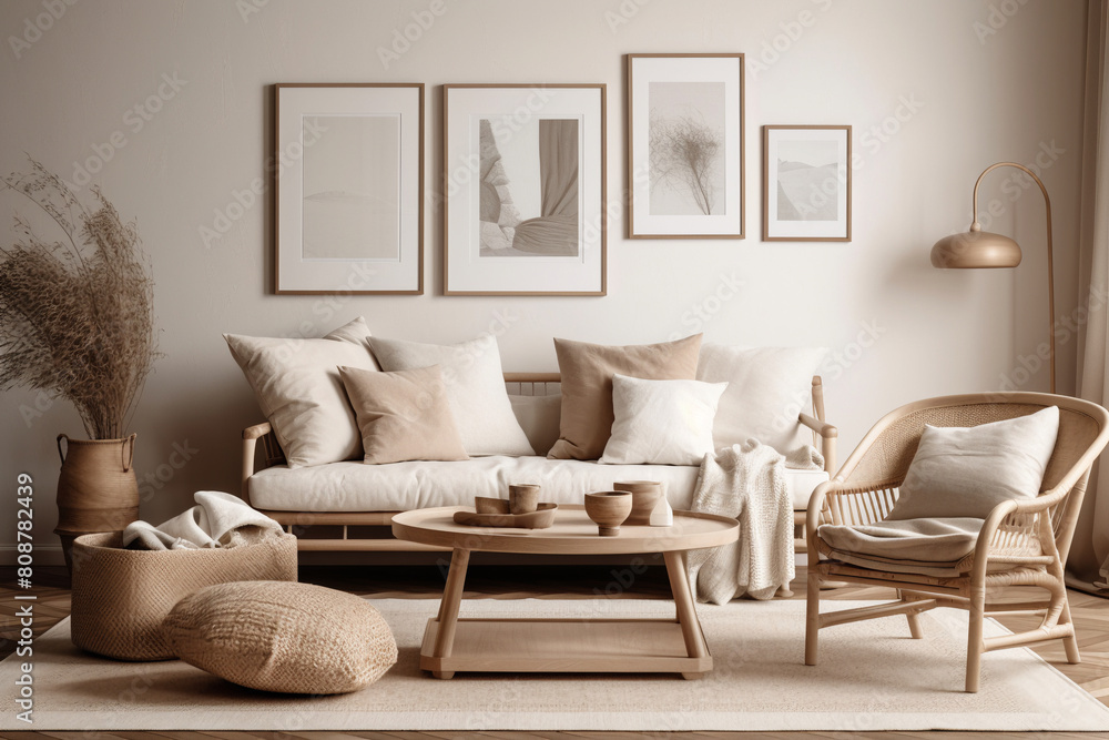 Modern Scandinavian home interior design characterized by an elegant living room featuring a comfortable sofa, mid century furniture, cozy carpet, wooden floor, white walls, and home plants. Modern Scandinavian home interior design characterized by an elegant living room featuring a comfortable sofa, mid century furniture, cozy carpet, wooden floor, white walls, and home plants.