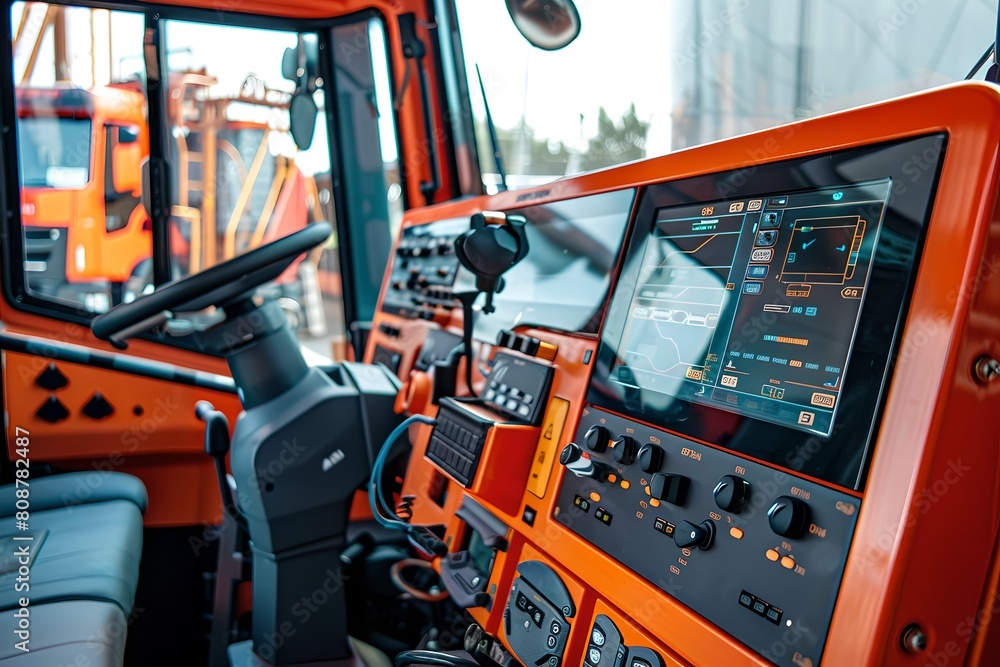 Close-up view of modern orange tractor cabin interior with electronic control panel. Focus on high-tech farming equipment. Agriculture industry innovation. Generative AI Close-up view of modern orange tractor cabin interior with electronic control panel. Focus on high-tech farming equipment. Agriculture industry innovation. Generative AI