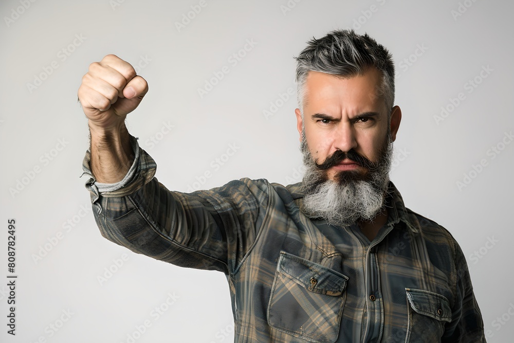 Confident man in plaid shirt showing fist to camera. Expressing strength and determination. Casual style, simple portrait concept. Generative AI Confident man in plaid shirt showing fist to camera. Expressing strength and determination. Casual style, simple portrait concept. Generative AI