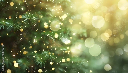 Golden Christmas Lights on Green Pine Tree photo