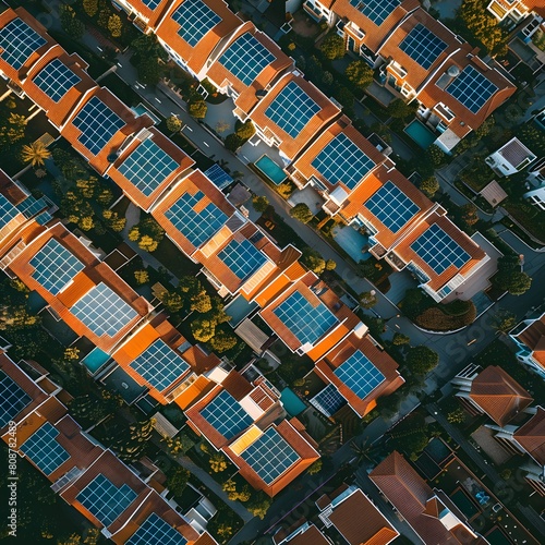 Aerial view of residential houses with solar panels on the roofs with green trees