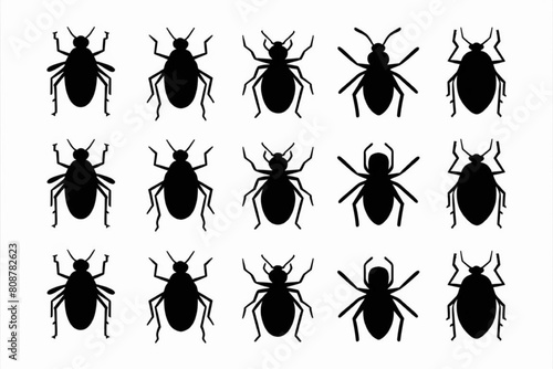 set of silhouettes of insects on white background 