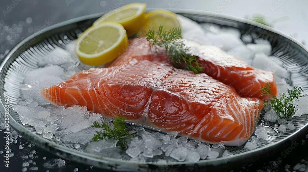 Salmon fillet with lemon and dill on ice, closeup Salmon fillet with lemon and dill on ice, closeup