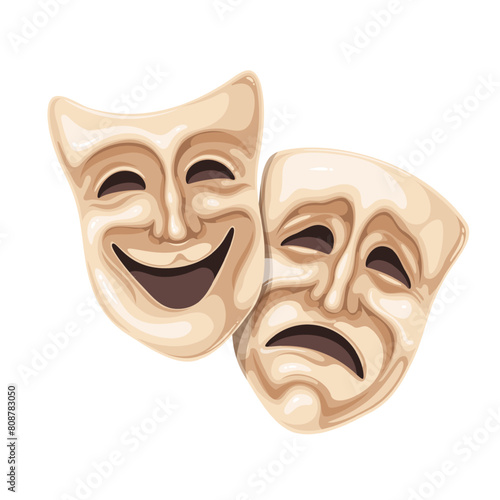 Theater masks with cartoon sad and happy faces. Two masks with expressions of laughter and sadness of actor, cartoon symbol of masquerade, theatrical drama or comedy performance vector illustration