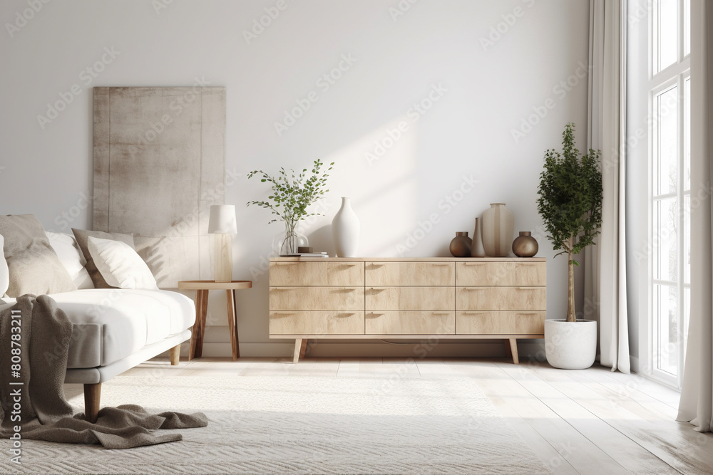 Φωτογραφία Modern interior of open space with design modular sofa, furniture, wooden coffee tables, plaid, pillows, tropical plants and elegant personal accessories in stylish home decor