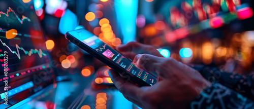 Hands holding and tapping on a mobile phone. Close up image of a person using fintech software. Colorful blurred futuristic bright glowing lights around and in the background. Copyspace for your text. photo