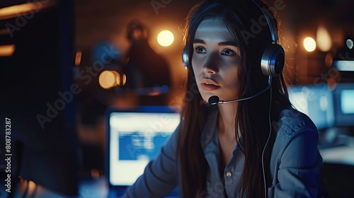 Female customer service executive working at the office. Consulting corporate clients in conversation with customers using computers. Call center. copy space for text.