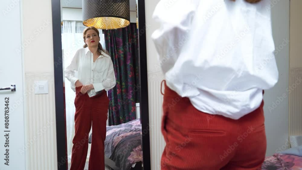 Young adult woman female putting on clothes in front of mirror in interior bedroom. Morning wake-up concept.