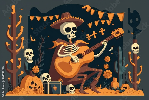 Invitation poster to the Day of the dead party. Dea de los muertos card with skeleton playing the guitar. Funny holiday background. photo
