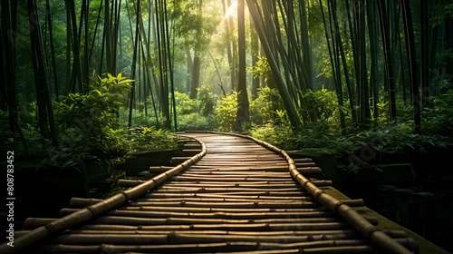 A photo of a wooden pathway through a bamboo forest soft filtered light