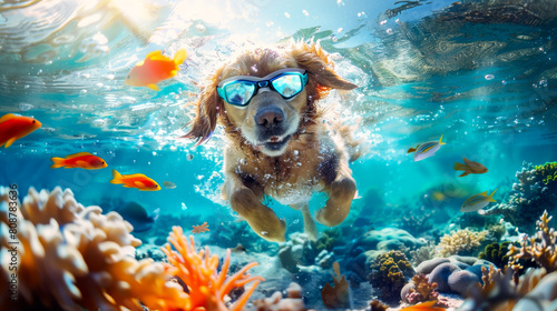 Funny dog swimming and diving in the sea beach on summer vacation holidays travel concept.