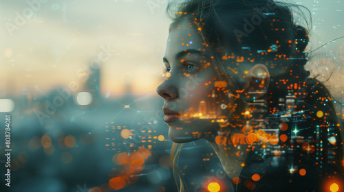 A woman overlaid with cityscape and data. The intersection of urban life and digital information