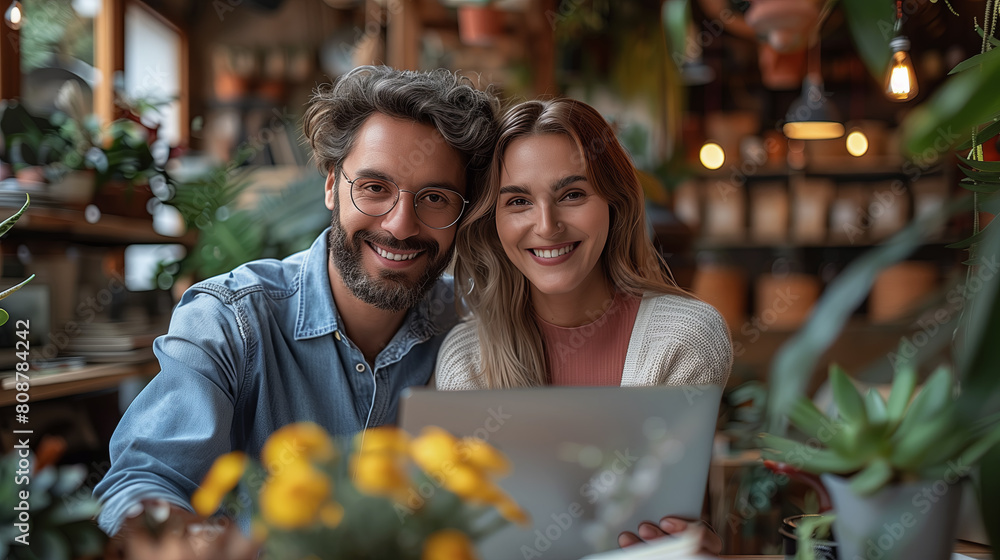 Smiling woman and handsome middle aged man are inside their cozy store