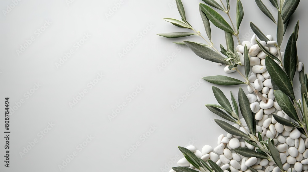 Photo of A olive branch and white pebbles on the right side, placed against a plain light grey background Web banner with copyspace in left corner Photo of A olive branch and white pebbles on the right side, placed against a plain light grey background Web banner with copyspace in left corner