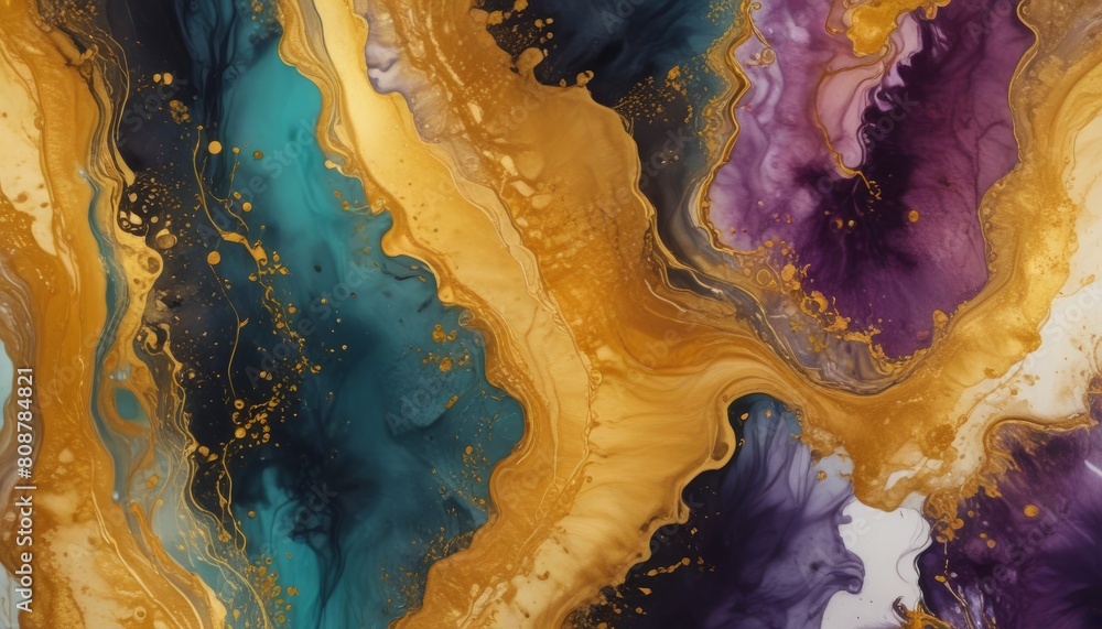 Fototapeta premium abstract fluid art painting with alcohol ink, liquid design illustration with gold paths, wallpaper background with luxury