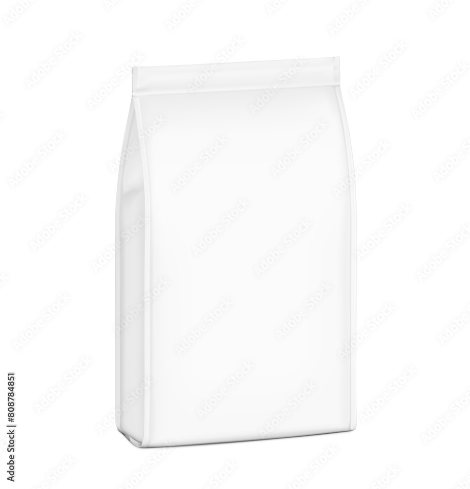 Vertical bag mockup. Flat bottom gusset bag. Half side view. High realistic. Vector illustration isolated on white background. Ready for use in presentation, promo, advertising and more. EPS10. Vertical bag mockup. Flat bottom gusset bag. Half side view. High realistic. Vector illustration isolated on white background. Ready for use in presentation, promo, advertising and more. EPS10.