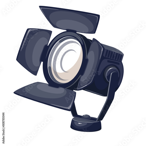 Spotlight cartoon equipment of theater stage. Studio floor or wall projector with bright light, searchlight lamp of movie and theatre show illumination, cartoon spotlight vector illustration