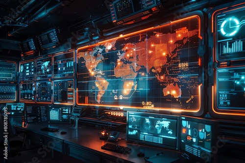 Interactive global map in a dark  digital operations center highlighting worldwide connectivity