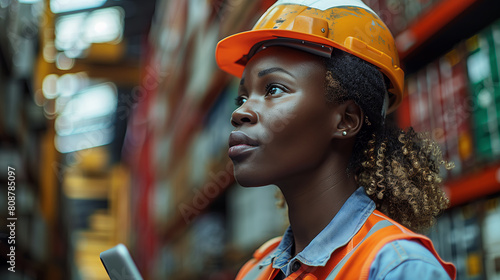 Confident black female inspector standing in front of cargo containers in warehouse.