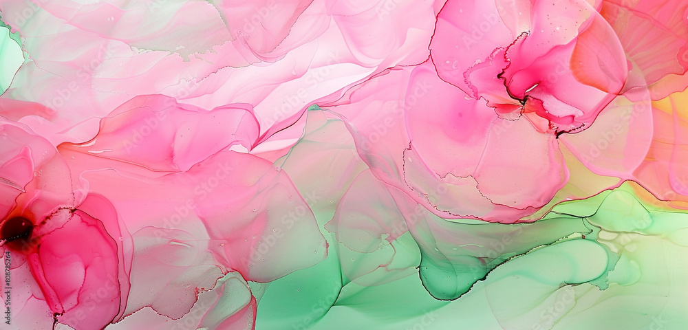 Vivid pink and mint green abstract painting, rich in alcohol ink and oil paint details. Vivid pink and mint green abstract painting, rich in alcohol ink and oil paint details.