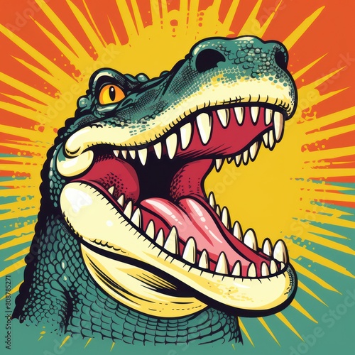 Crocodile on grunge background with vintage sun rays.