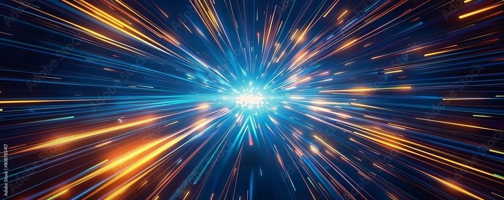 Abstract background of blue and orange light rays with a digital data stream in the center. The background shows streaks and lines moving fast in the style of digital technology Abstract background of blue and orange light rays with a digital data stream in the center. The background shows streaks and lines moving fast in the style of digital technology