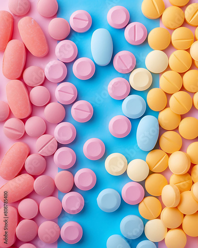 Colorful pills on pastel colors background. Medicine, healthcare and wellness concept