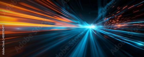 Abstract background of blue and orange light rays with a digital data stream in the center. The background shows streaks and lines moving fast in the style of digital technology