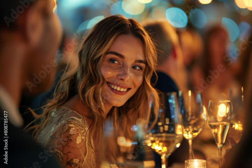 After-Work Drinks: A beautiful young woman meeting friends for after-work drinks in a bar, dressed in evening attire with a stylish dress, enjoying a social outing after a day at the office.
