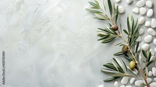 Photo of A olive branch and white pebbles on the right side, placed against a plain light grey background Web banner with copyspace in left corner photo