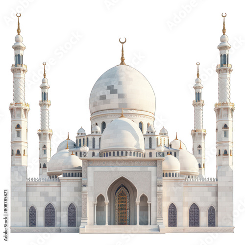 3D rendering of an intricate mosque with multiple domes and minarets, isolated on a transparent background with a PNG cutout or clipping path.