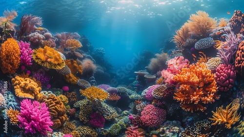 A panoramic view of a thriving coral reef, where the entire scene is dominated by the bright persimmon color of healthy coral, offering a window into the vibrant biodiversity of marine life. © LuvTK
