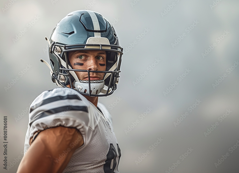 An American football player in a gray helmet and white uniform.with black stripes under his eyes, he stands sideways looking to the right. Copy space An American football player in a gray helmet and white uniform.with black stripes under his eyes, he stands sideways looking to the right. Copy space