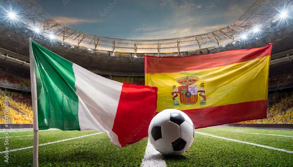 Fototapeta premium italy flag spain flag with football in a stadium for the European Championship