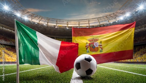italy flag spain flag with football in a stadium for the European Championship