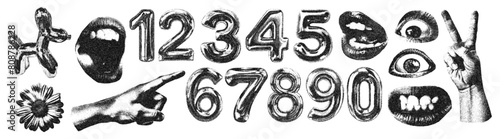 Numbers, eyes and hands with halftone photocopy stipple effect, for y2k nostalgia collage design. Vector illustration with dotted halftone vintage design for sale banner