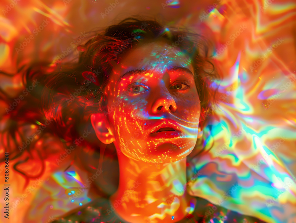A woman's face is reflected in a colorful, swirling background