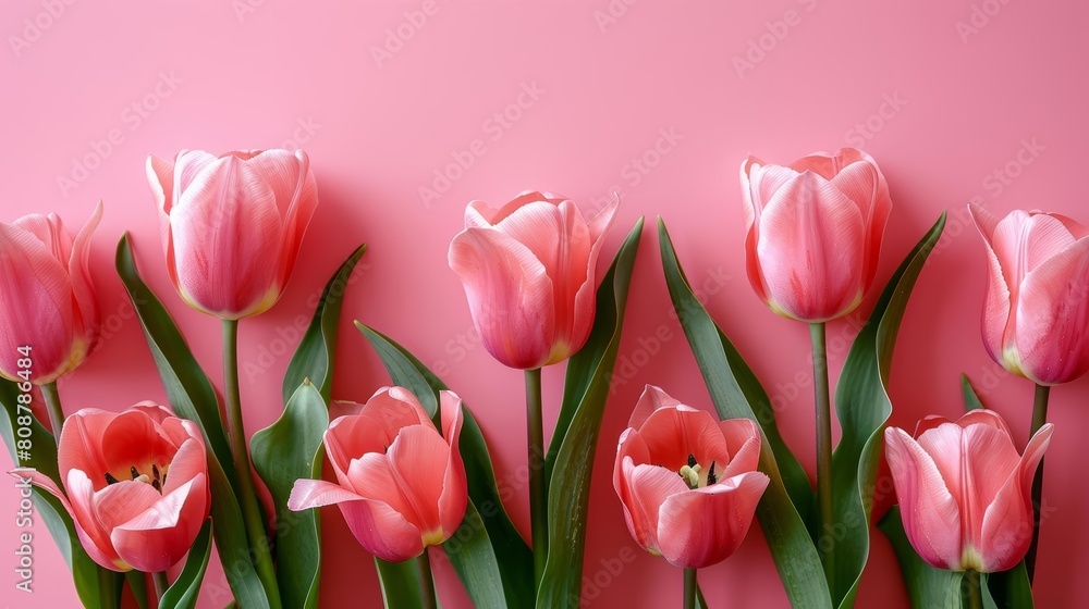 pink tulips on pink background, flat lay banner with copy space for text minimalistic pink tulips on pink background, flat lay banner with copy space for text minimalistic